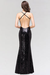 Elegant Mermaid Sequined Long Black Bridesmaid Dresses with Spaghetti Straps